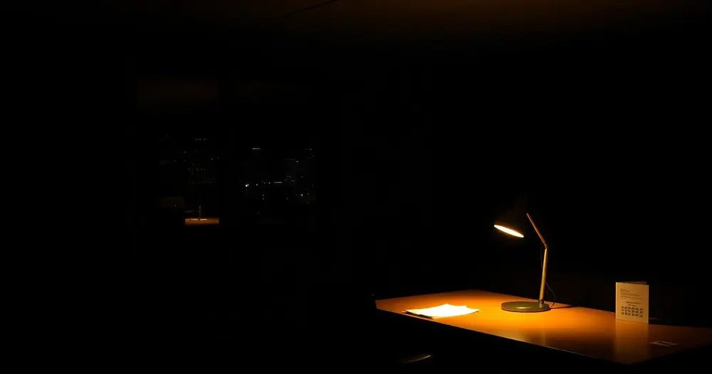 Escritório vazio à noite iluminado apenas por luminária de mesa, com janelas escuras ao fundo
