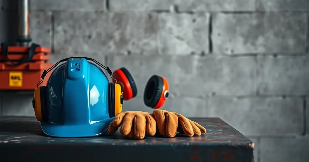 Equipamentos de proteção individual sobre bancada industrial: capacete, protetor auricular e luvas