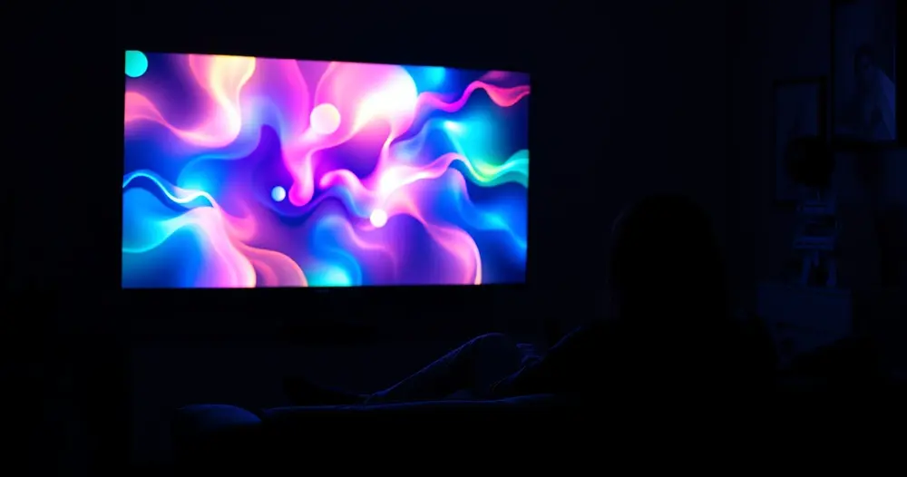sala escura com televisão exibindo animação colorida