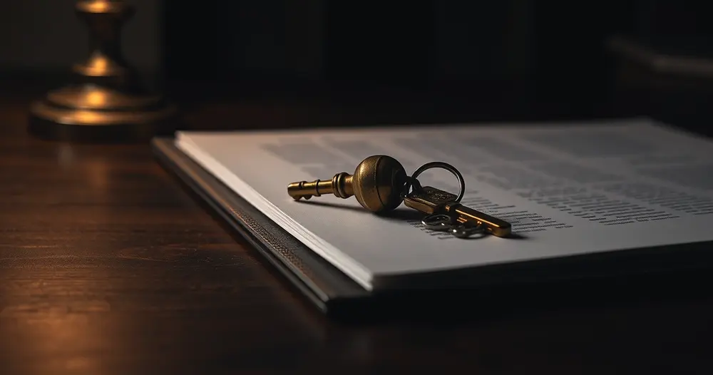Chave antiga de latão e chave de casa sobre pasta de documentos em mesa de madeira escura