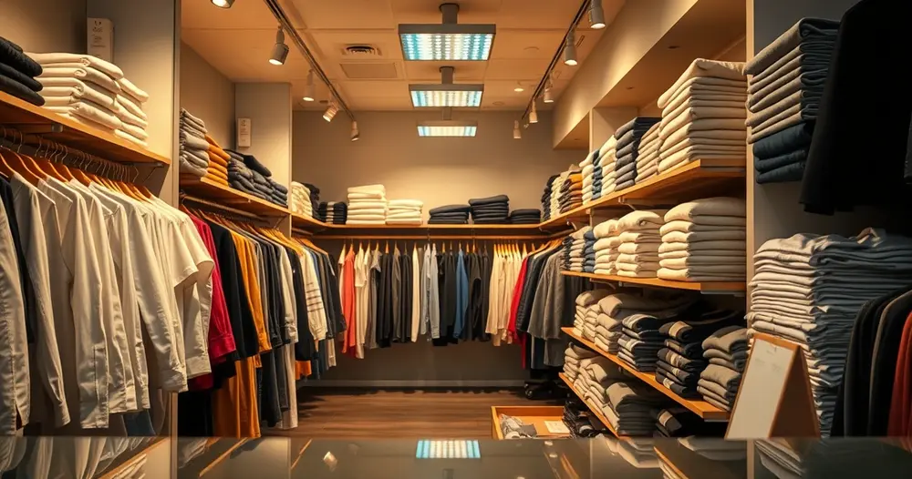 Interior de loja de roupas vista de trás do balcão, com peças dobradas em prateleiras