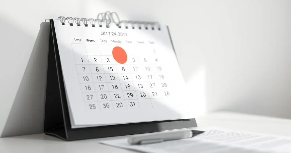 Folha de calendário de parede com uma data circulada em vermelho ao lado de caneta sobre mesa branca
