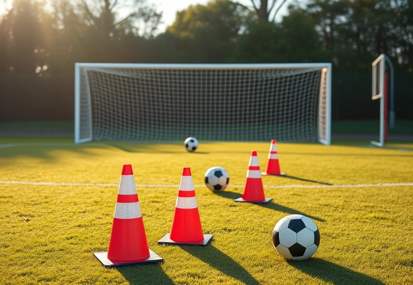 Campo de treino de futebol pela manhã, com cones e bolas na grama